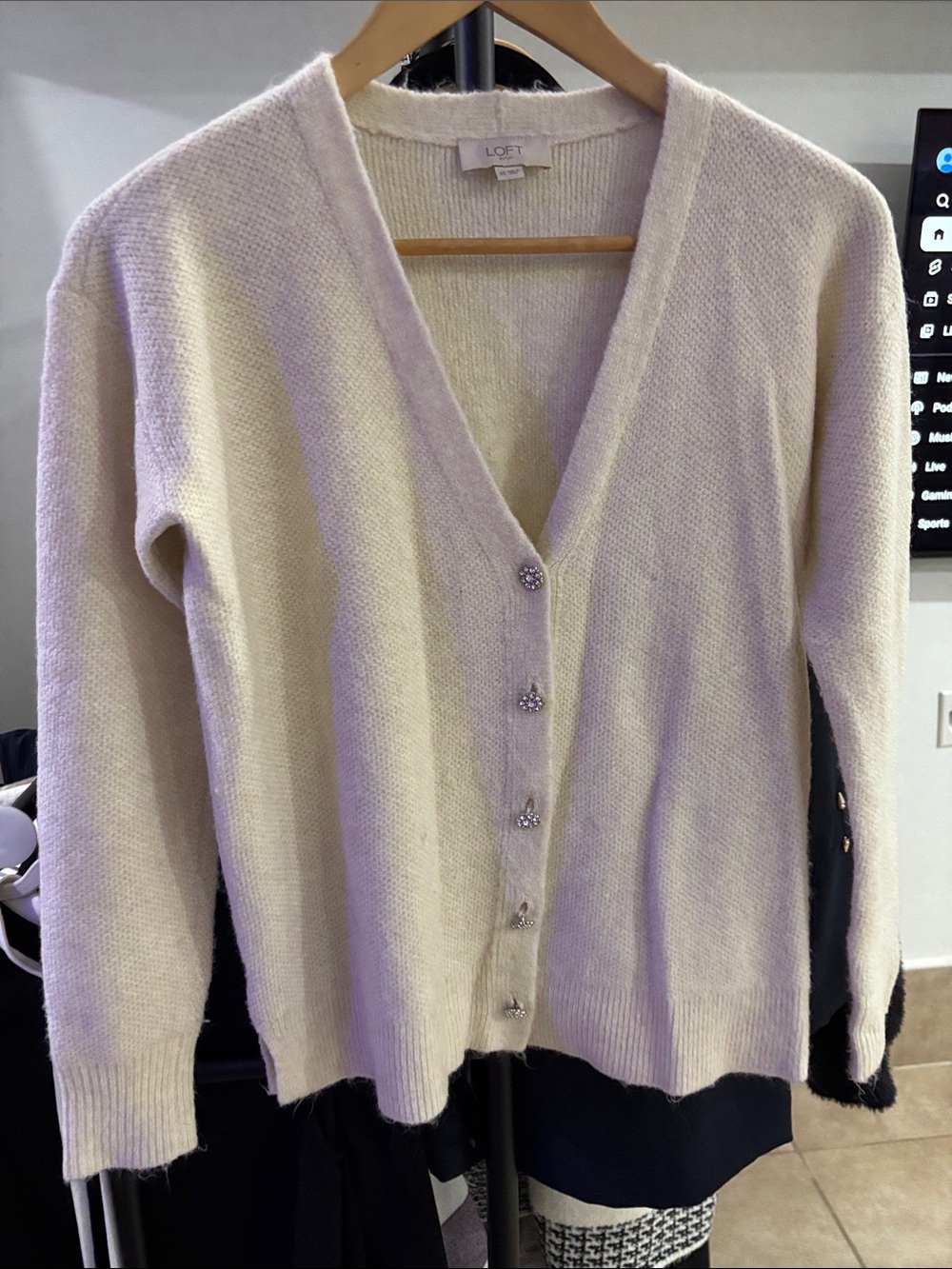 LOFT Cream Beaded-Button V-Neck Cardigan